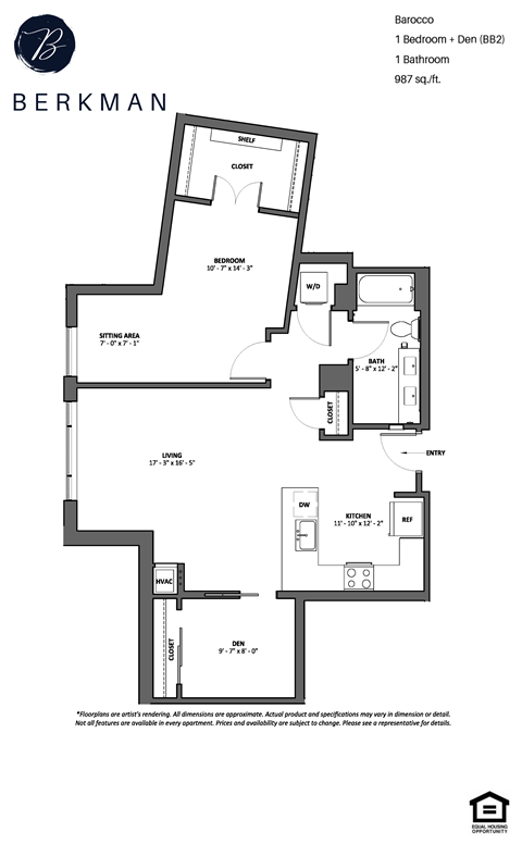 Floor plan for 1 bed, 1 bath, 987 sqft